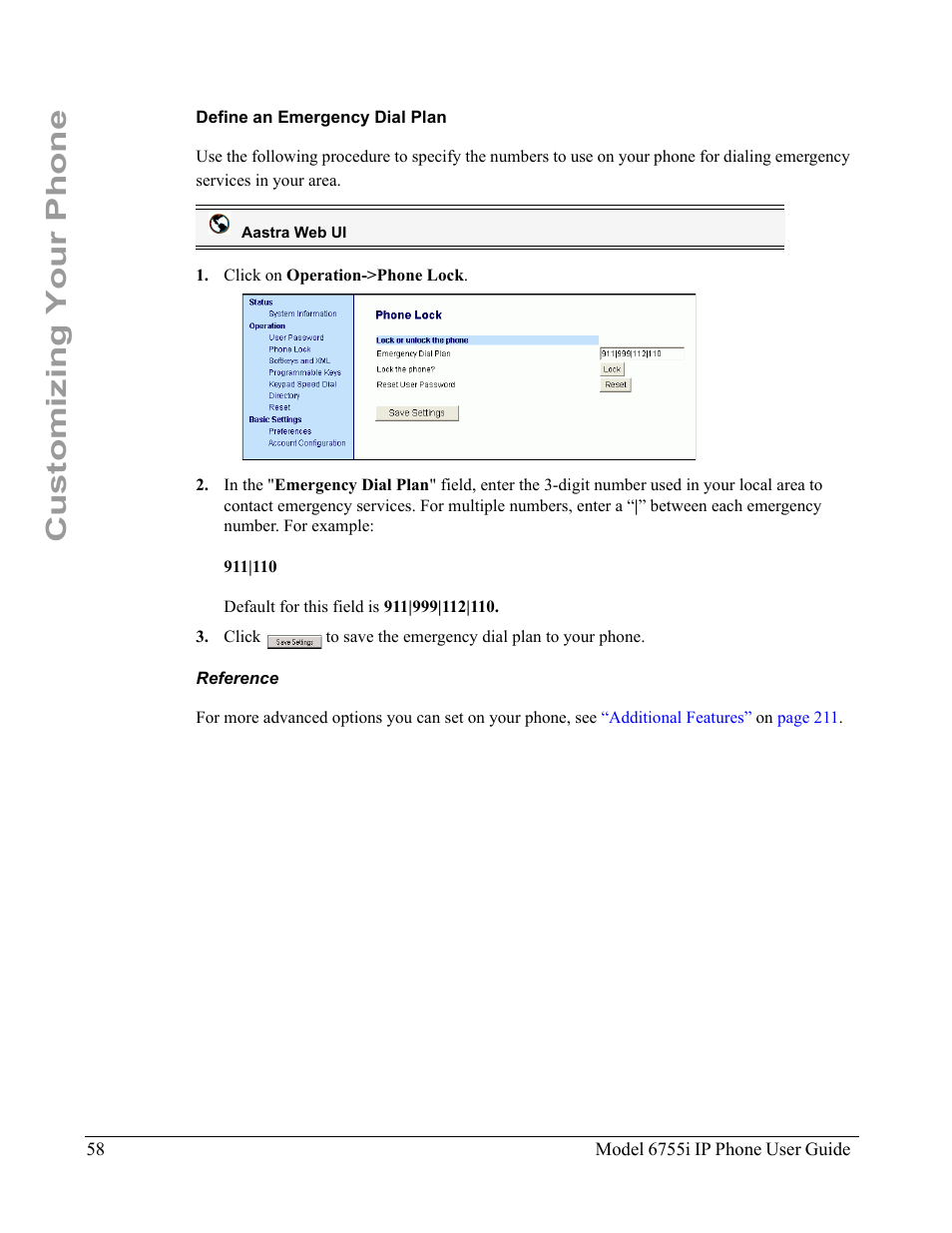 Define an emergency dial plan, Reference, Customizing your phone | Aastra Telecom 6755i User Manual | Page 66 / 276