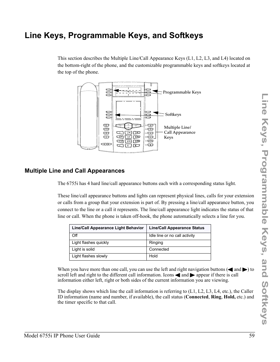 Line keys, programmable keys, and softkeys, Multiple line and call appearances | Aastra Telecom 6755i User Manual | Page 67 / 276