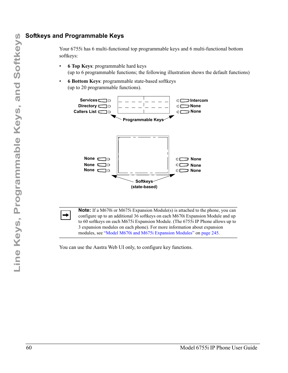 Softkeys and programmable keys, S, see the, Line keys, programmable keys, and softkeys | Aastra Telecom 6755i User Manual | Page 68 / 276