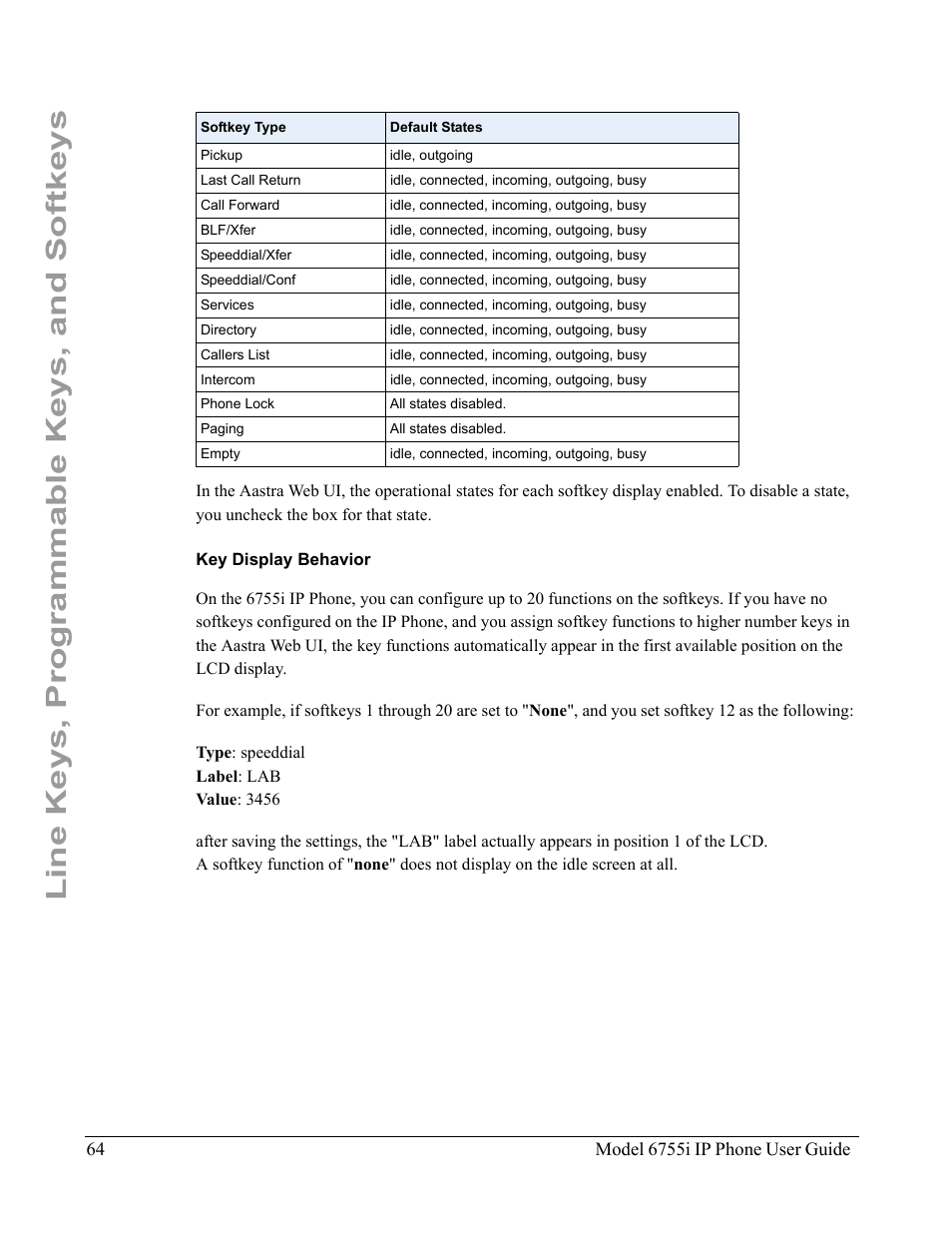 Key display behavior, Line keys, programmable keys, and softkeys | Aastra Telecom 6755i User Manual | Page 72 / 276