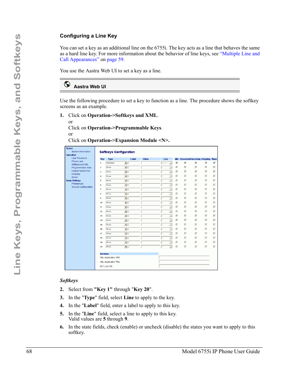 Configuring a line key, Line keys, programmable keys, and softkeys | Aastra Telecom 6755i User Manual | Page 76 / 276