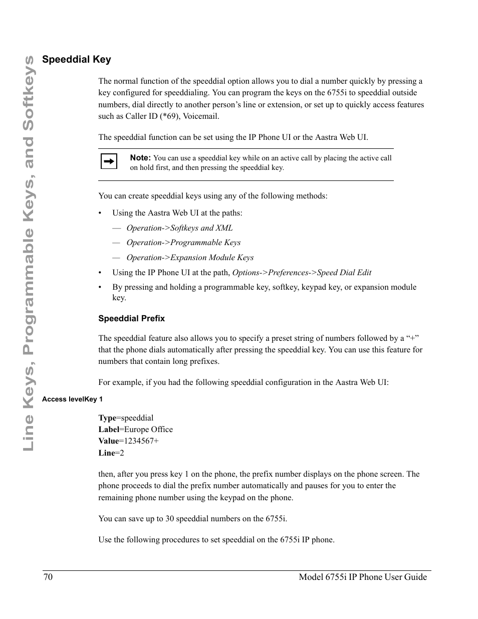 Speeddial key, Speeddial prefix, Line keys, programmable keys, and softkeys | Aastra Telecom 6755i User Manual | Page 78 / 276