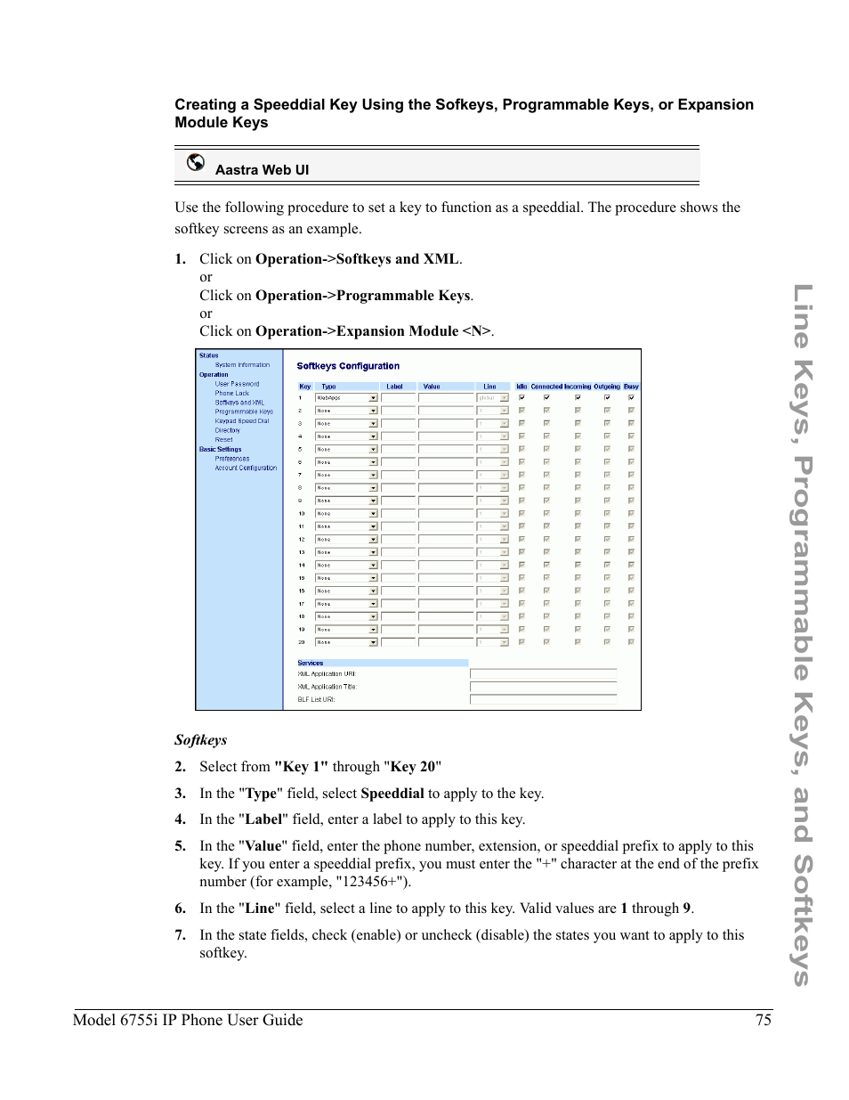 Line keys, programmable keys, and softkeys | Aastra Telecom 6755i User Manual | Page 83 / 276