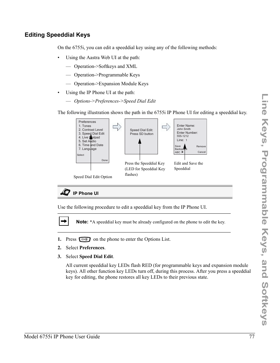 Editing speeddial keys, Line keys, programmable keys, and softkeys, Model 6755i ip phone user guide | Aastra Telecom 6755i User Manual | Page 85 / 276