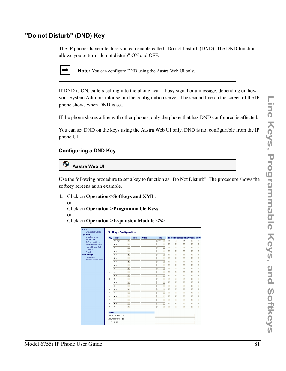 Do not disturb" (dnd) key, Configuring a dnd key, Line keys, programmable keys, and softkeys | Aastra Telecom 6755i User Manual | Page 89 / 276