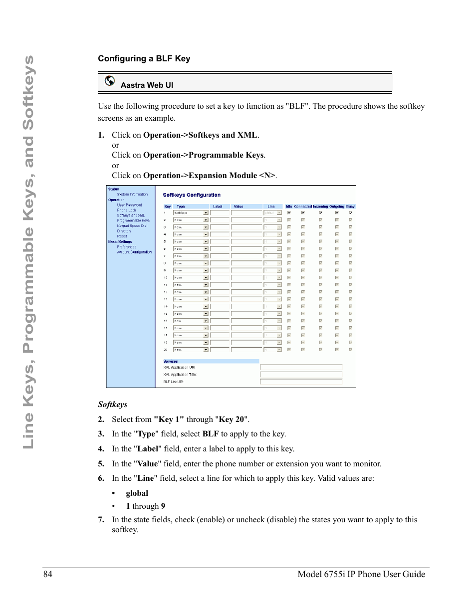 Configuring a blf key, Line keys, programmable keys, and softkeys | Aastra Telecom 6755i User Manual | Page 92 / 276