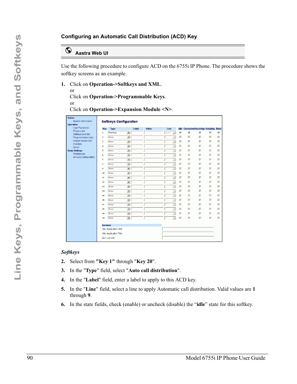 Line keys, programmable keys, and softkeys | Aastra Telecom 6755i User Manual | Page 98 / 276