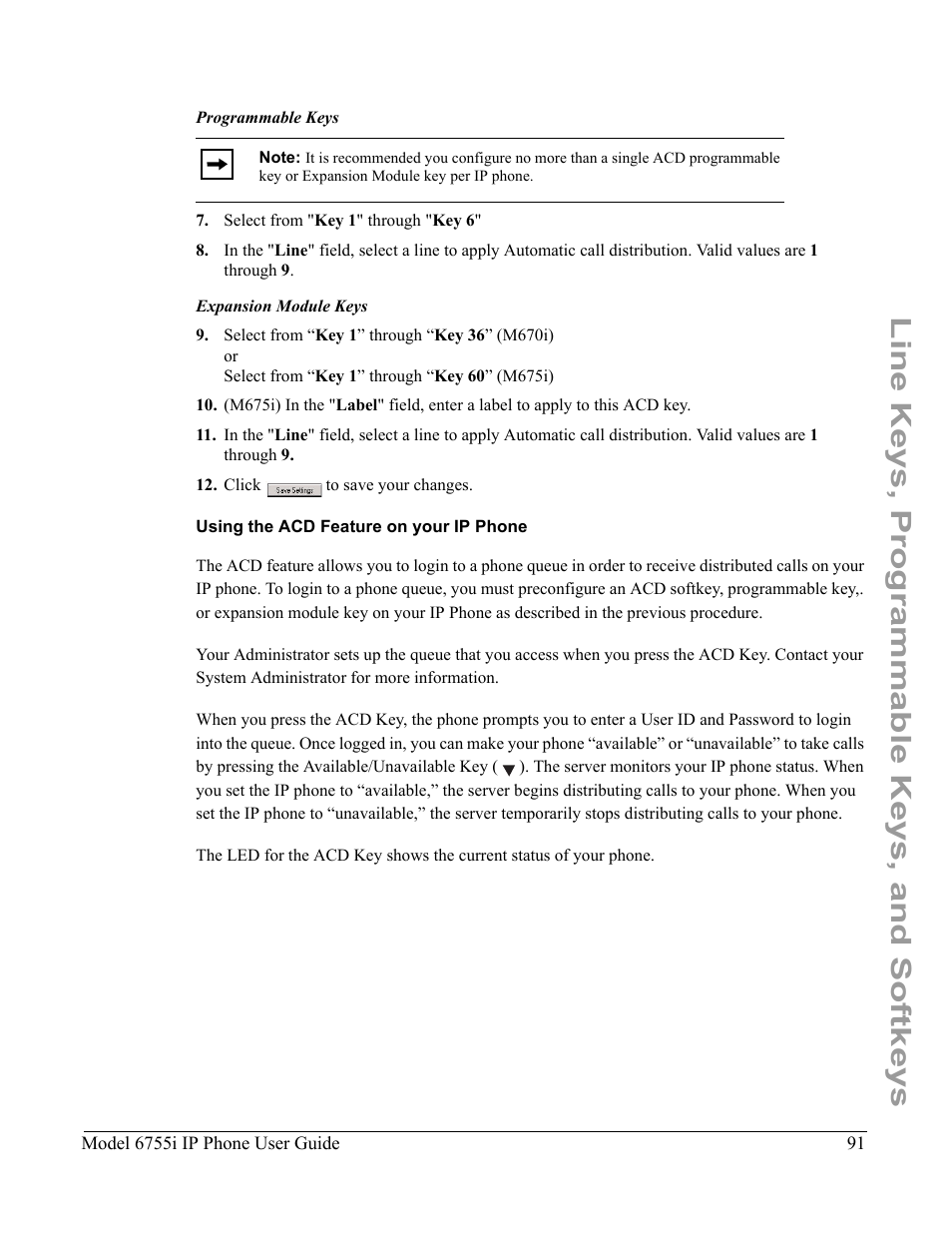 Using the acd feature on your ip phone, Line keys, programmable keys, and softkeys | Aastra Telecom 6755i User Manual | Page 99 / 276