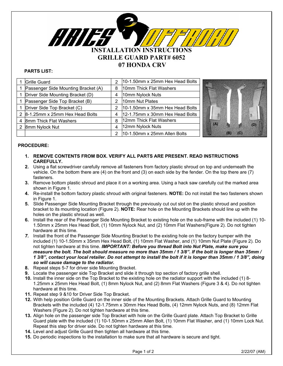 Aries Automotive 6052 User Manual | 2 pages