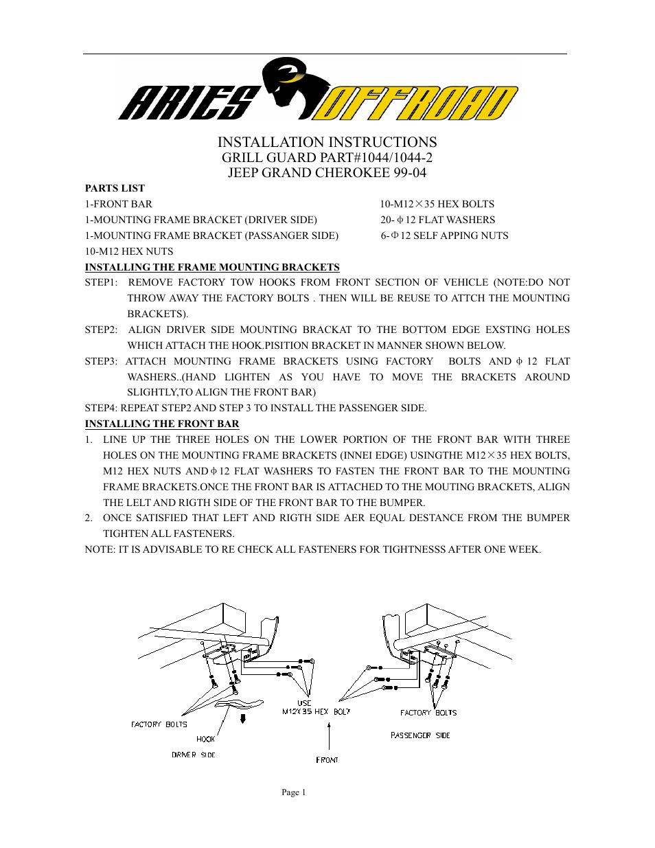 Aries Automotive 1044-2 User Manual | 1 page