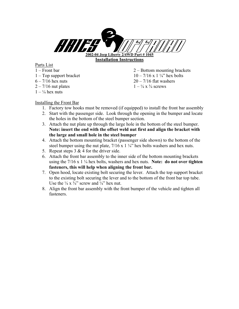 Aries Automotive 1045 User Manual | 1 page