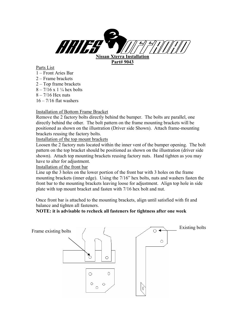 Aries Automotive 9043 User Manual | 1 page