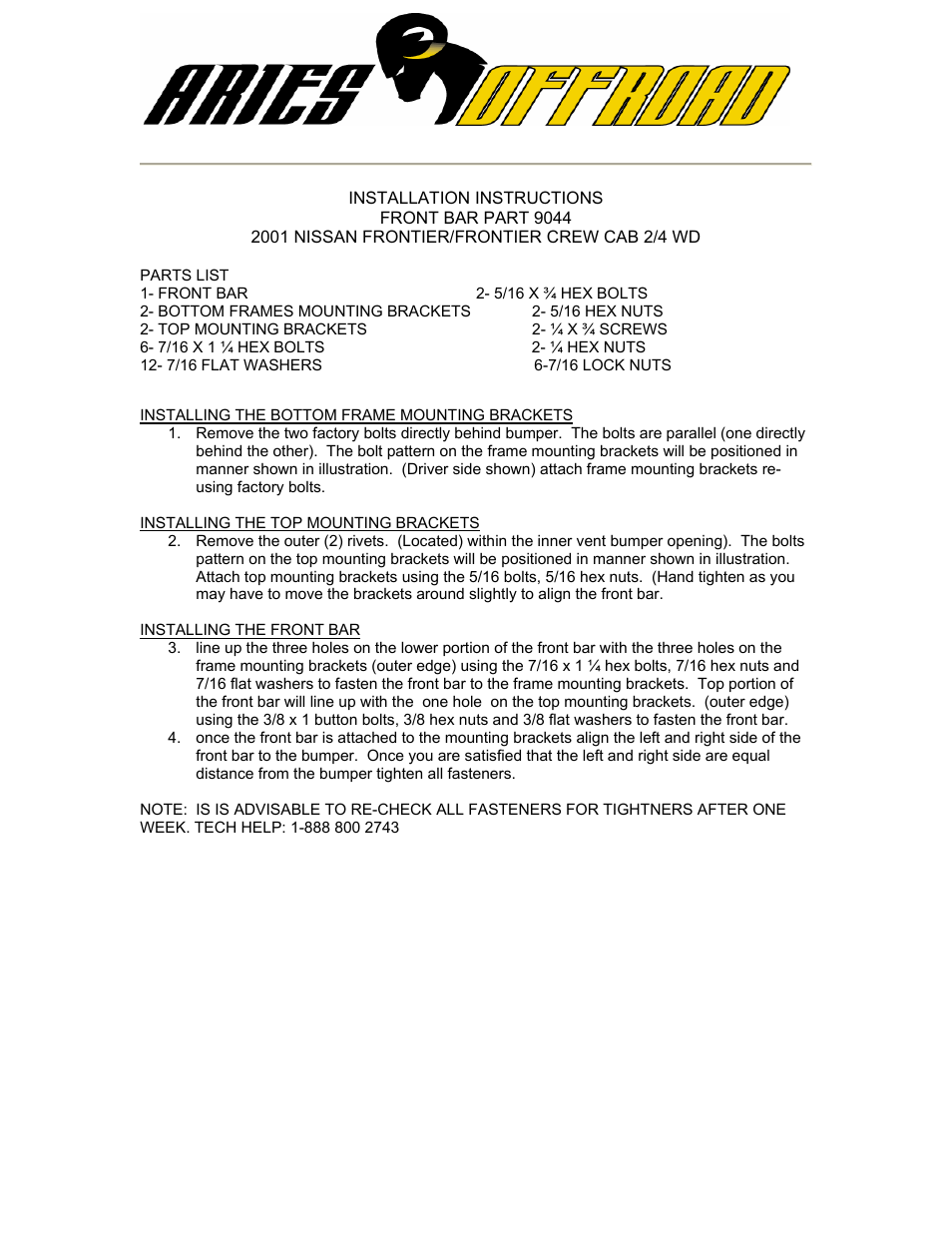 Aries Automotive 9044 User Manual | 2 pages
