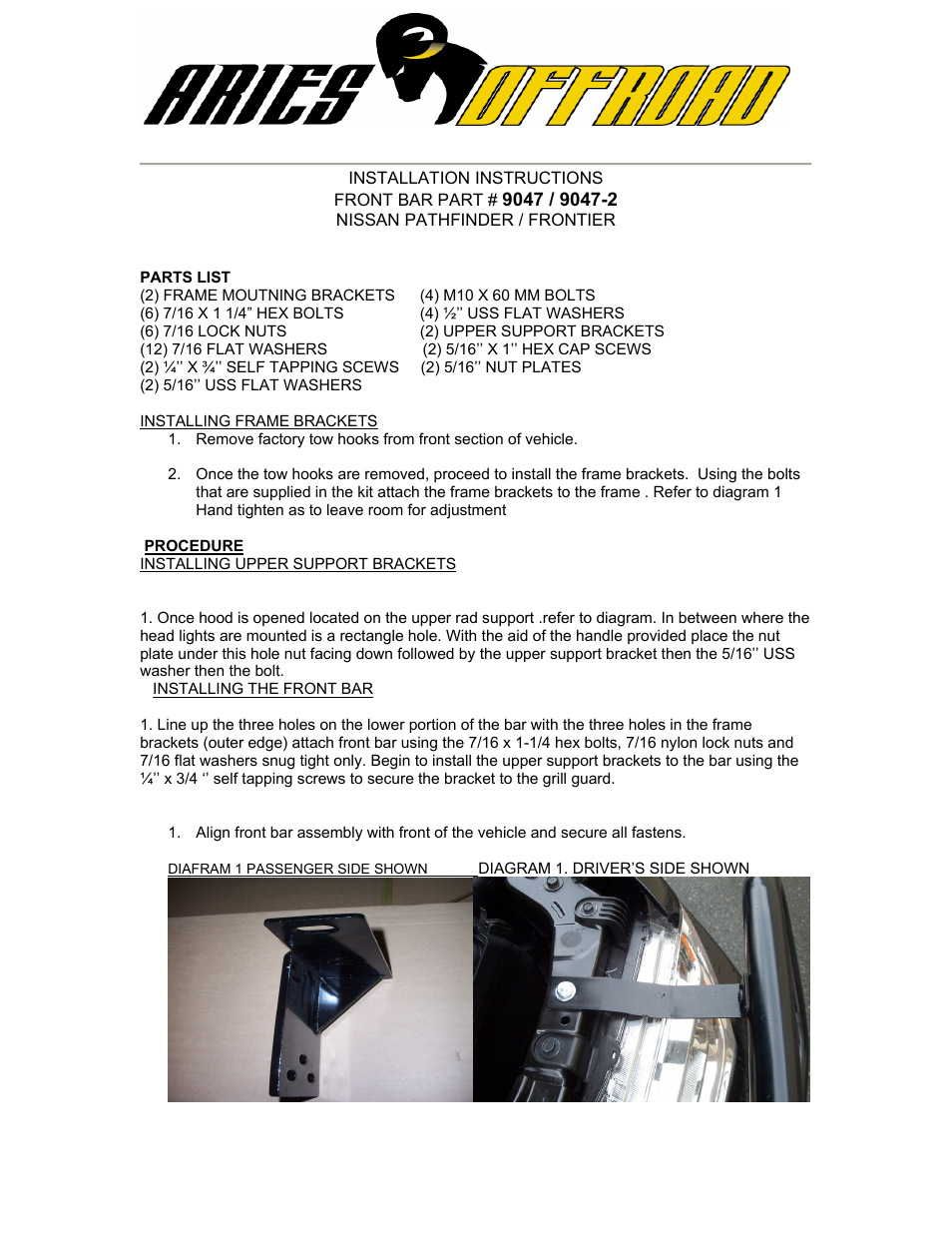 Aries Automotive 9047-2 User Manual | 1 page