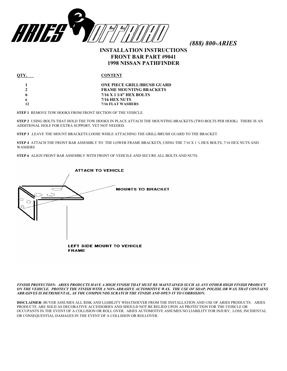 Aries Automotive 9041 User Manual | 1 page