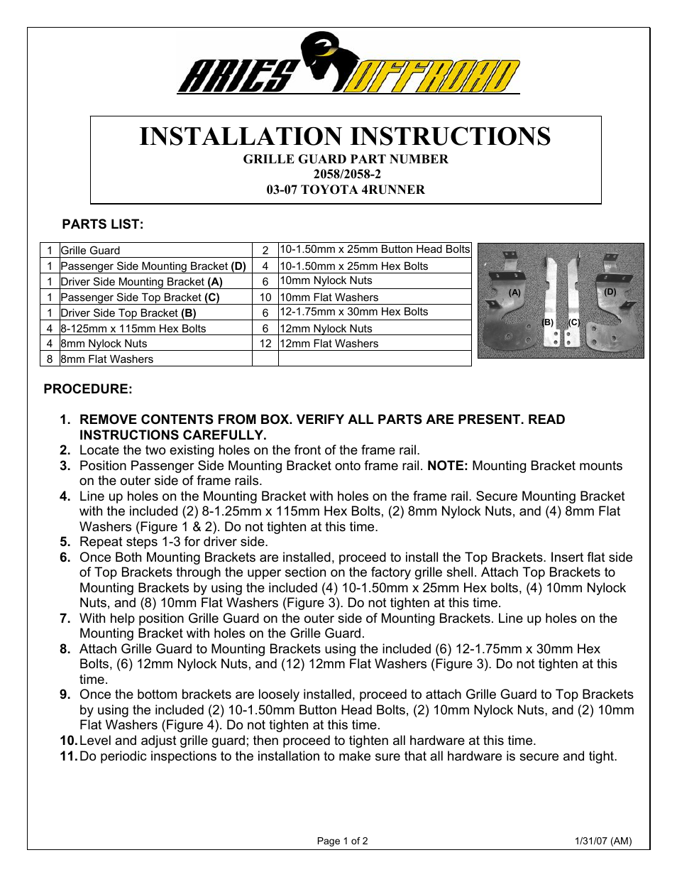 Aries Automotive 2058-2 User Manual | 2 pages