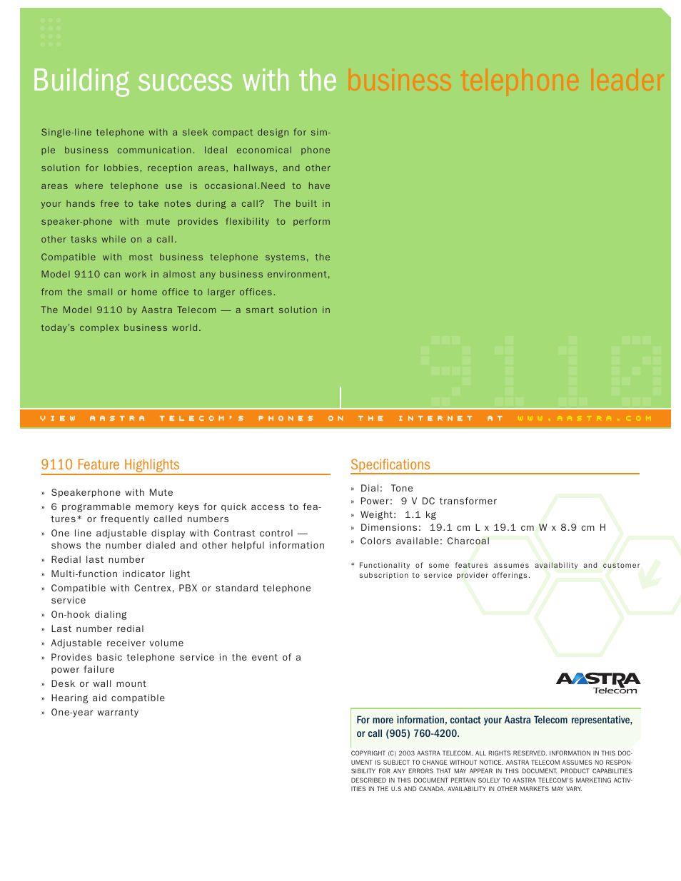 9110 feature highlights, Specifications | Aastra Telecom Telephone 9110 User Manual | Page 2 / 2