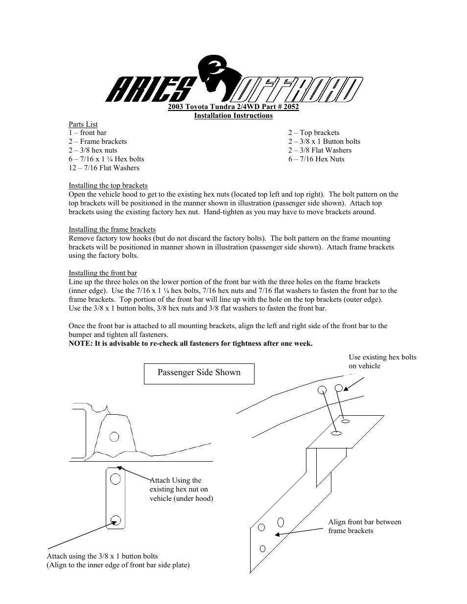 Aries Automotive 2052 User Manual | 1 page