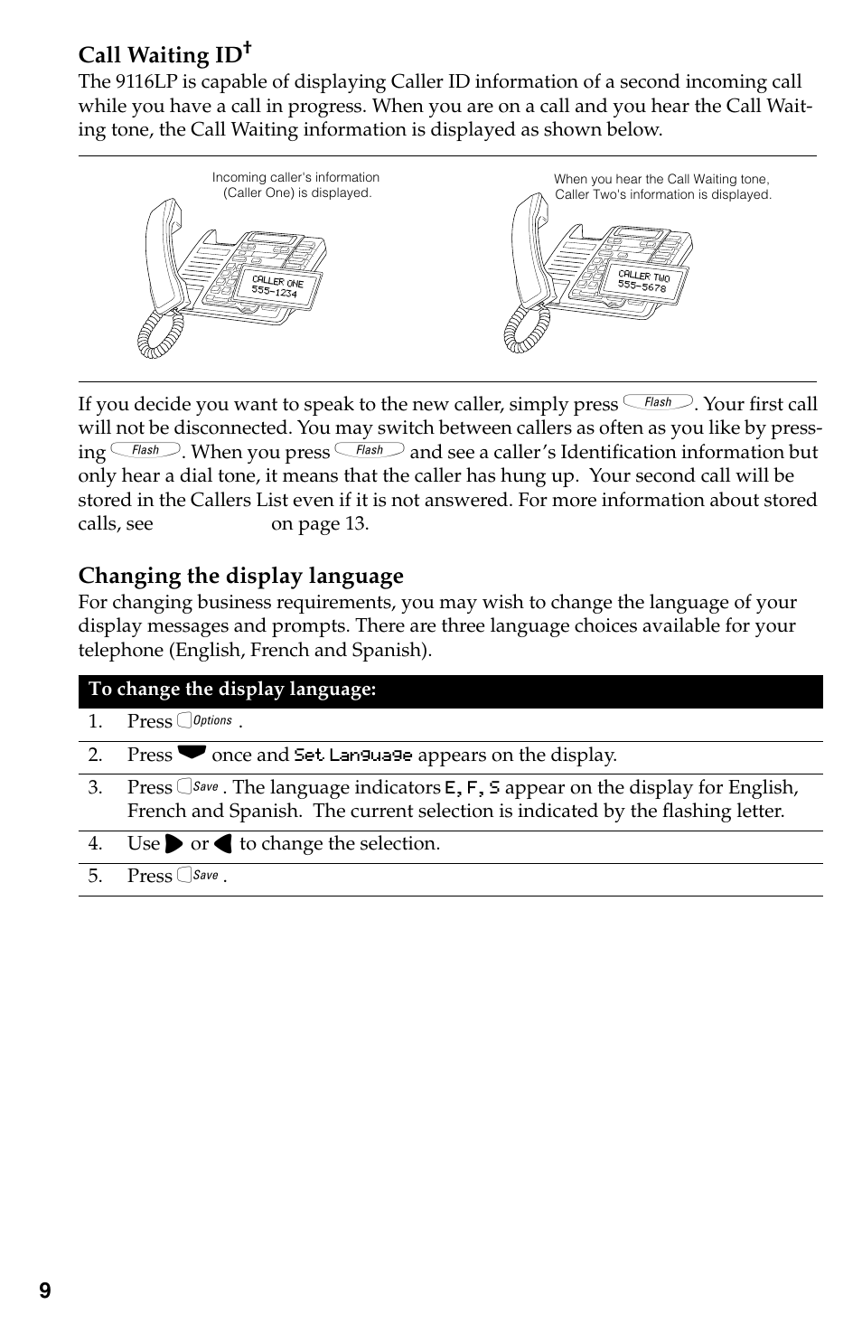 Making and answering calls, Call waiting id, Changing the display language | Callers list | Aastra Telecom 9116LP User Manual | Page 12 / 28