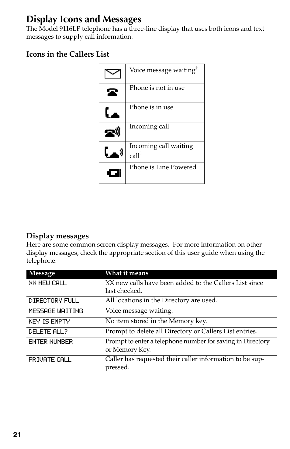 Display icons and messages | Aastra Telecom 9116LP User Manual | Page 24 / 28