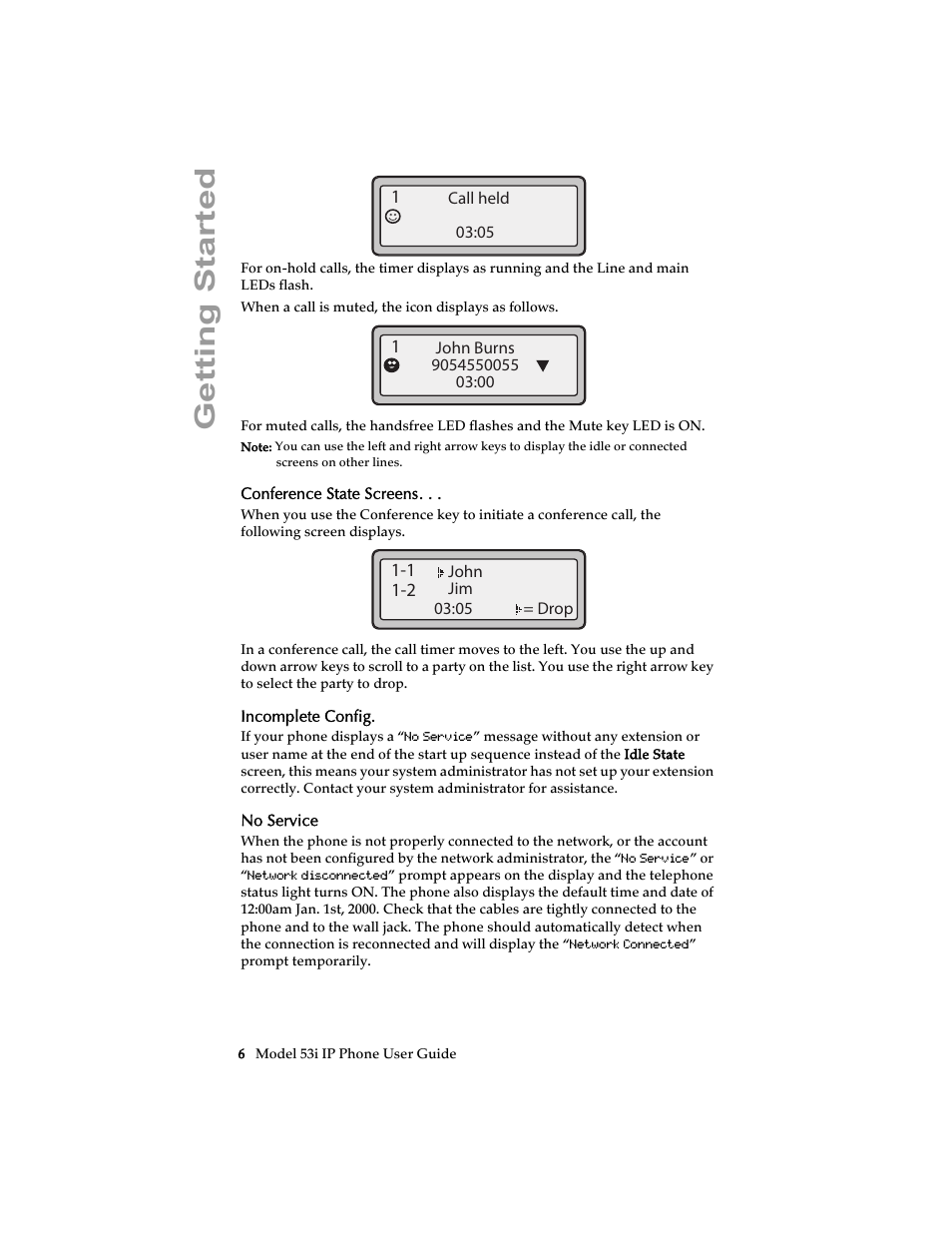 Conference state screens, Incomplete config, No service | Getting started | Aastra Telecom 53i IP Phone User Manual | Page 12 / 102