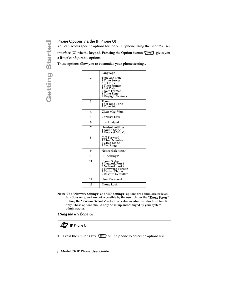 Phone options via the ip phone ui, Using the ip phone ui, Getting started | Aastra Telecom 53i IP Phone User Manual | Page 14 / 102