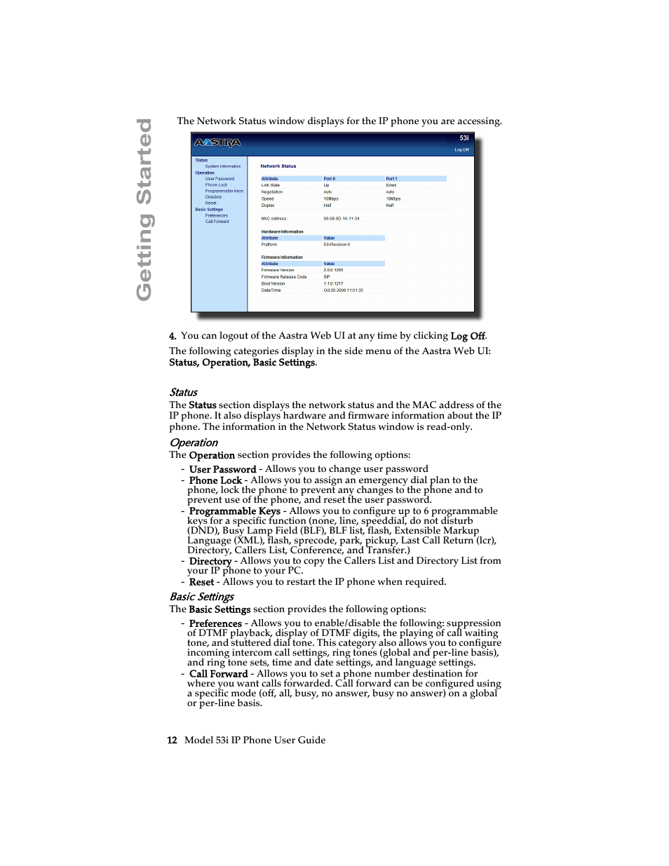 Status, Operation, Basic settings | Getting started | Aastra Telecom 53i IP Phone User Manual | Page 18 / 102