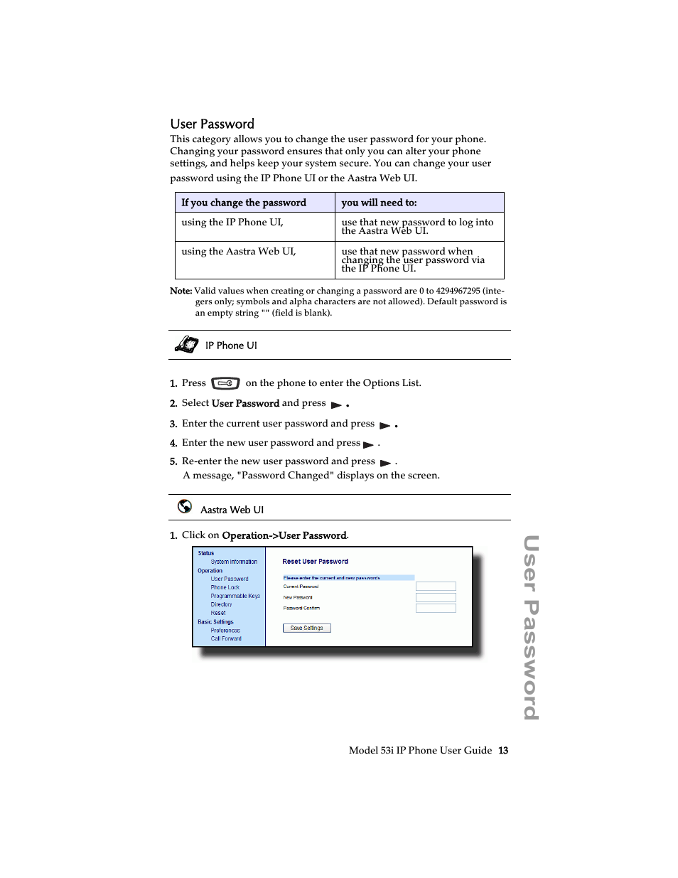 User password | Aastra Telecom 53i IP Phone User Manual | Page 19 / 102