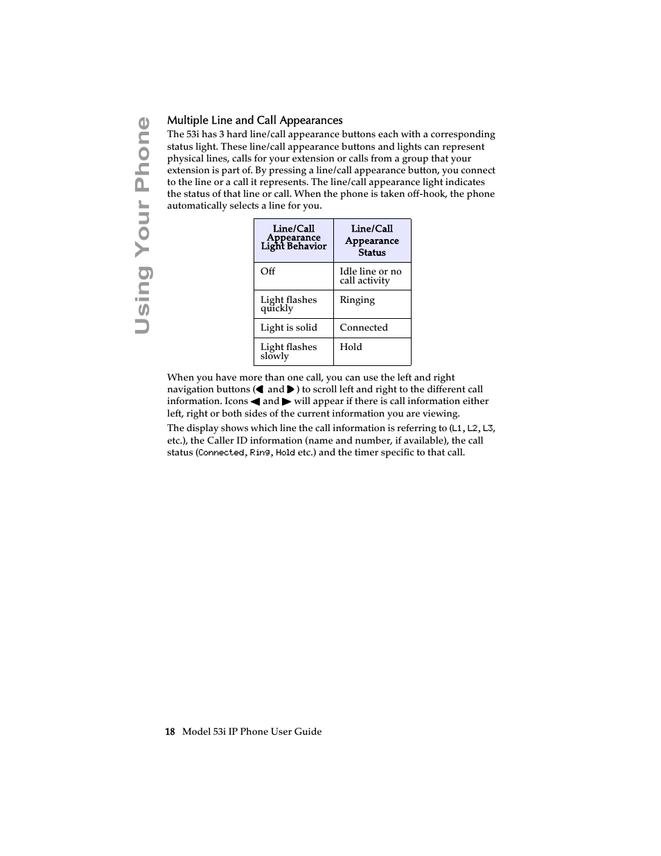 Multiple line and call appearances, Using your phone | Aastra Telecom 53i IP Phone User Manual | Page 24 / 102