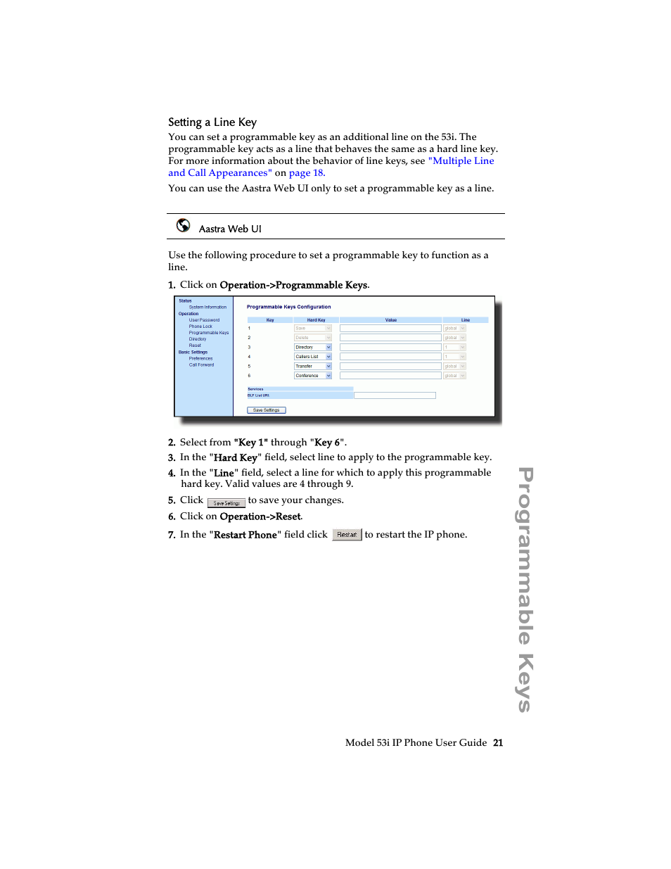 Setting a line key, Programmable keys | Aastra Telecom 53i IP Phone User Manual | Page 27 / 102