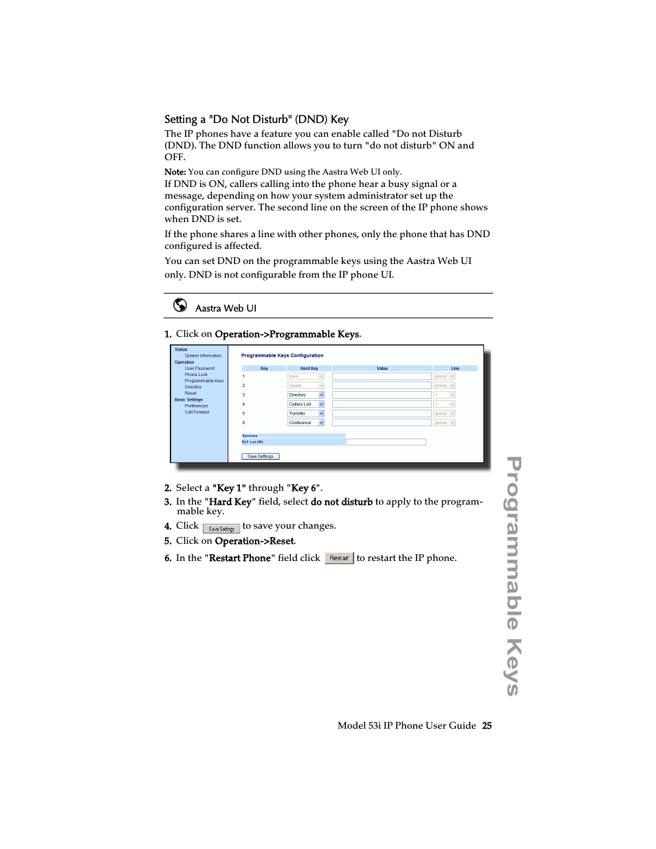 Setting a "do not disturb" (dnd) key, Programmable keys | Aastra Telecom 53i IP Phone User Manual | Page 31 / 102