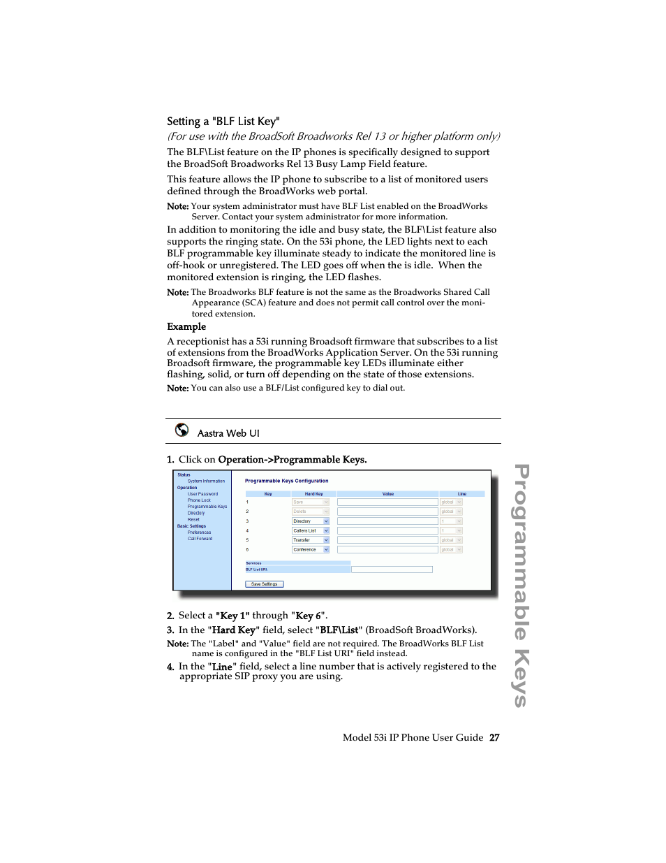 Setting a "blf list key, Programmable keys | Aastra Telecom 53i IP Phone User Manual | Page 33 / 102