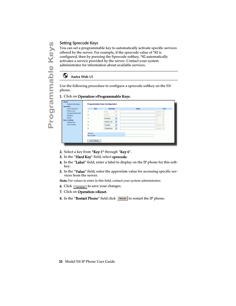 Setting sprecode keys, Programmable keys | Aastra Telecom 53i IP Phone User Manual | Page 38 / 102