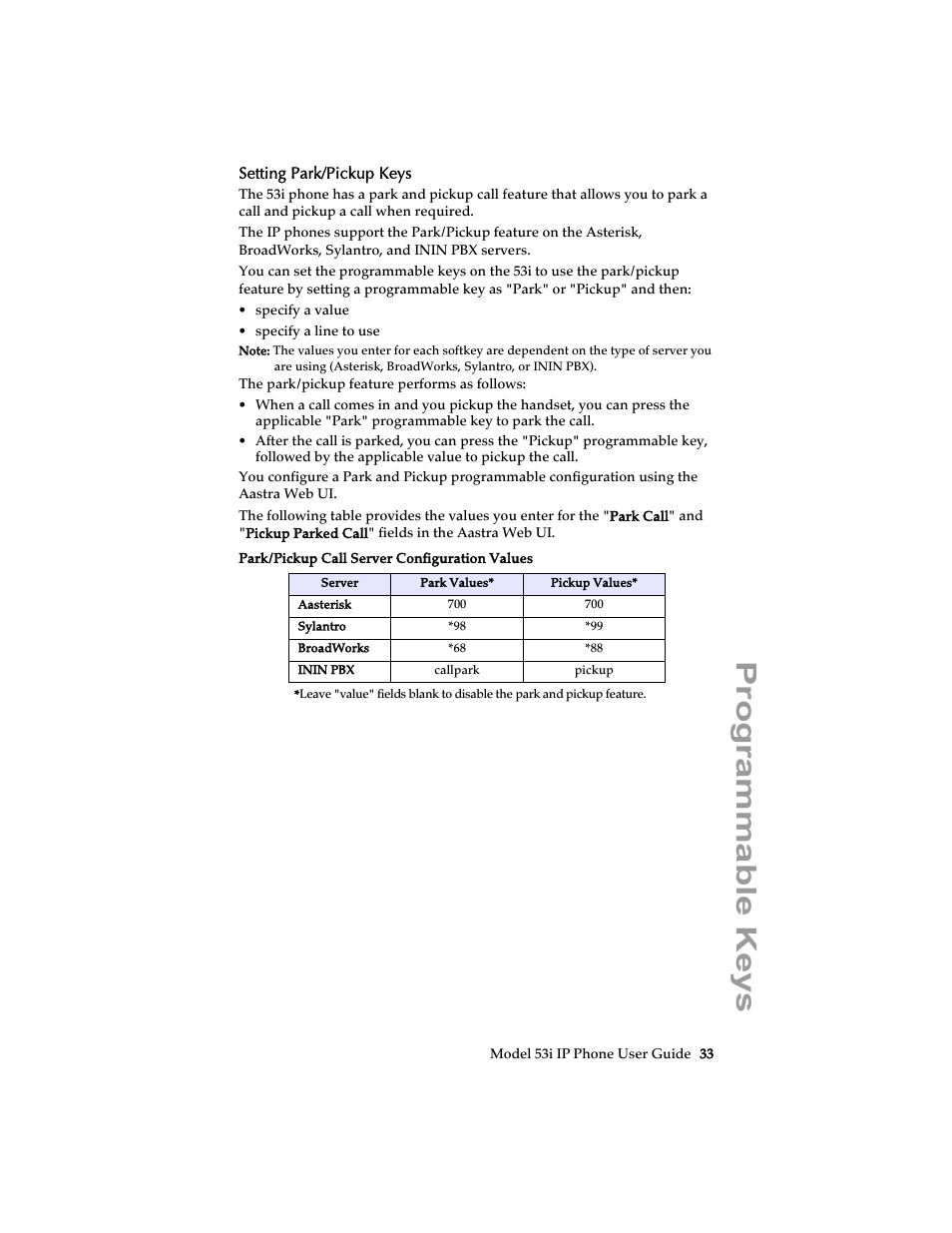 Setting park/pickup keys, Programmable keys | Aastra Telecom 53i IP Phone User Manual | Page 39 / 102