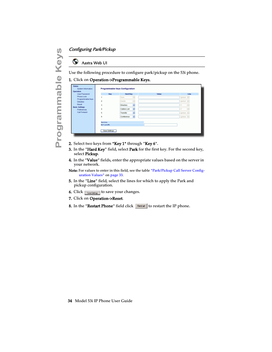 Configuring park/pickup, Programmable keys | Aastra Telecom 53i IP Phone User Manual | Page 40 / 102