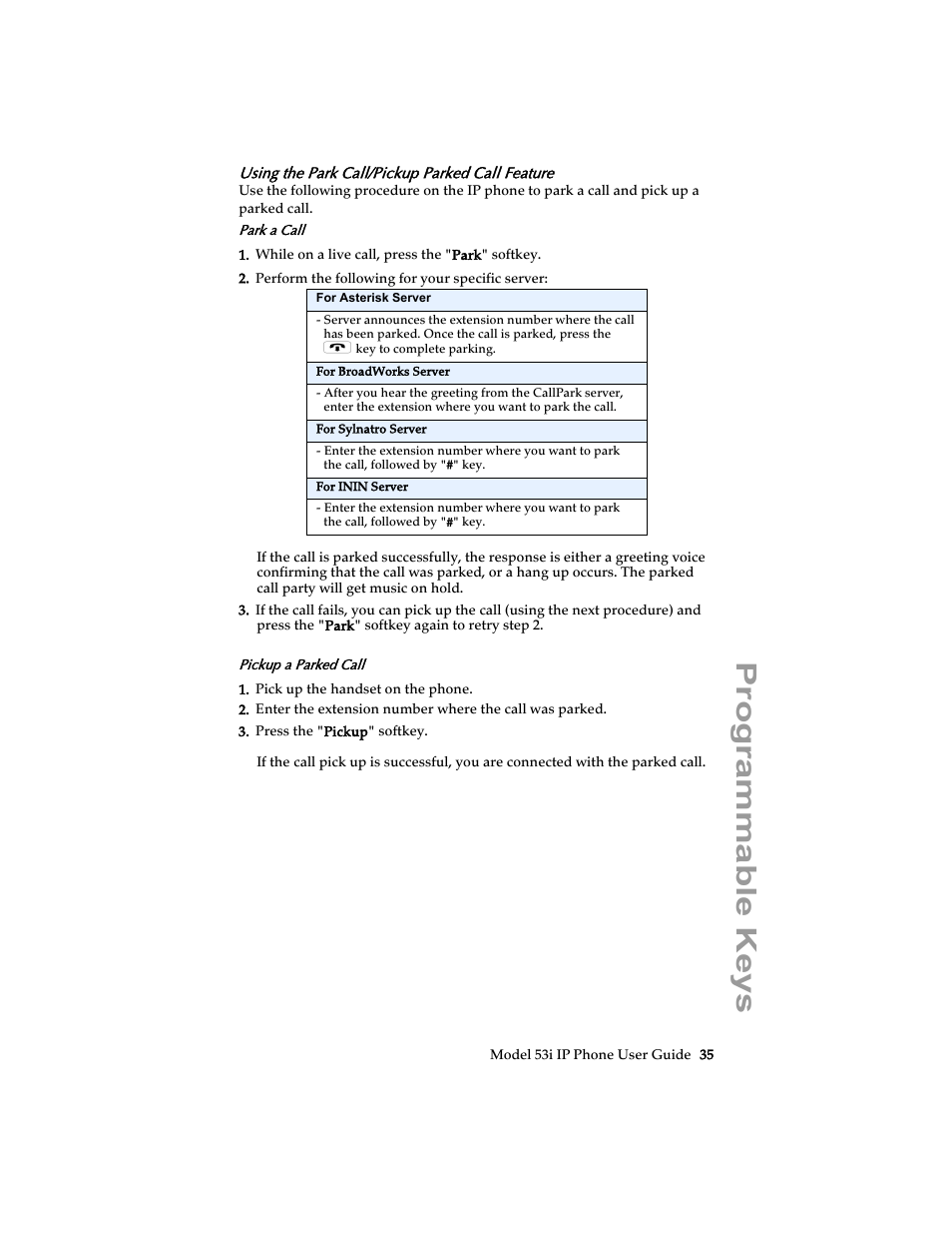 Using the park call/pickup parked call feature, Programmable keys | Aastra Telecom 53i IP Phone User Manual | Page 41 / 102