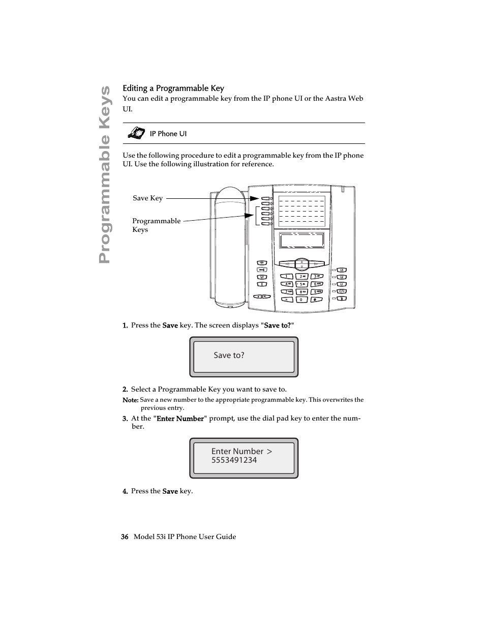 Editing a programmable key, Programmable keys | Aastra Telecom 53i IP Phone User Manual | Page 42 / 102