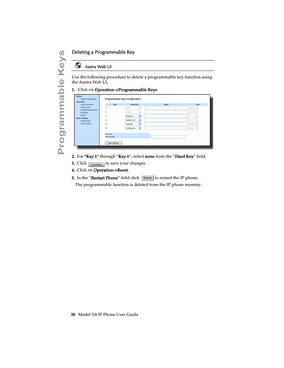 Deleting a programmable key, Programmable keys | Aastra Telecom 53i IP Phone User Manual | Page 44 / 102