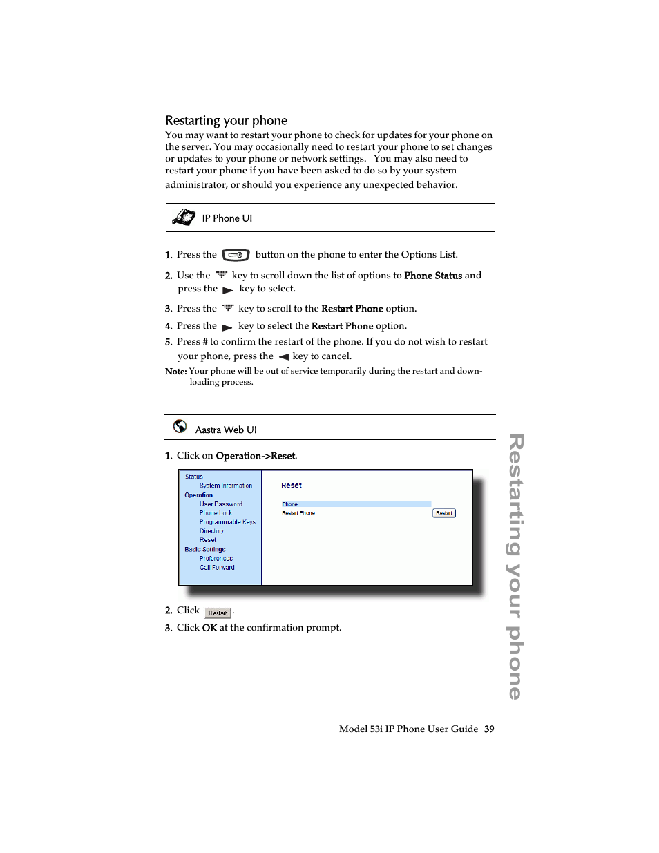 Restarting your phone | Aastra Telecom 53i IP Phone User Manual | Page 45 / 102