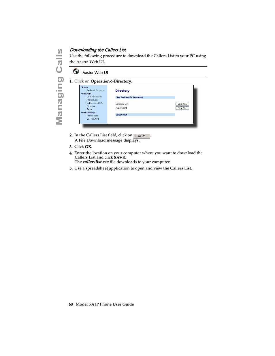 Downloading the callers list, Managing calls | Aastra Telecom 53i IP Phone User Manual | Page 66 / 102