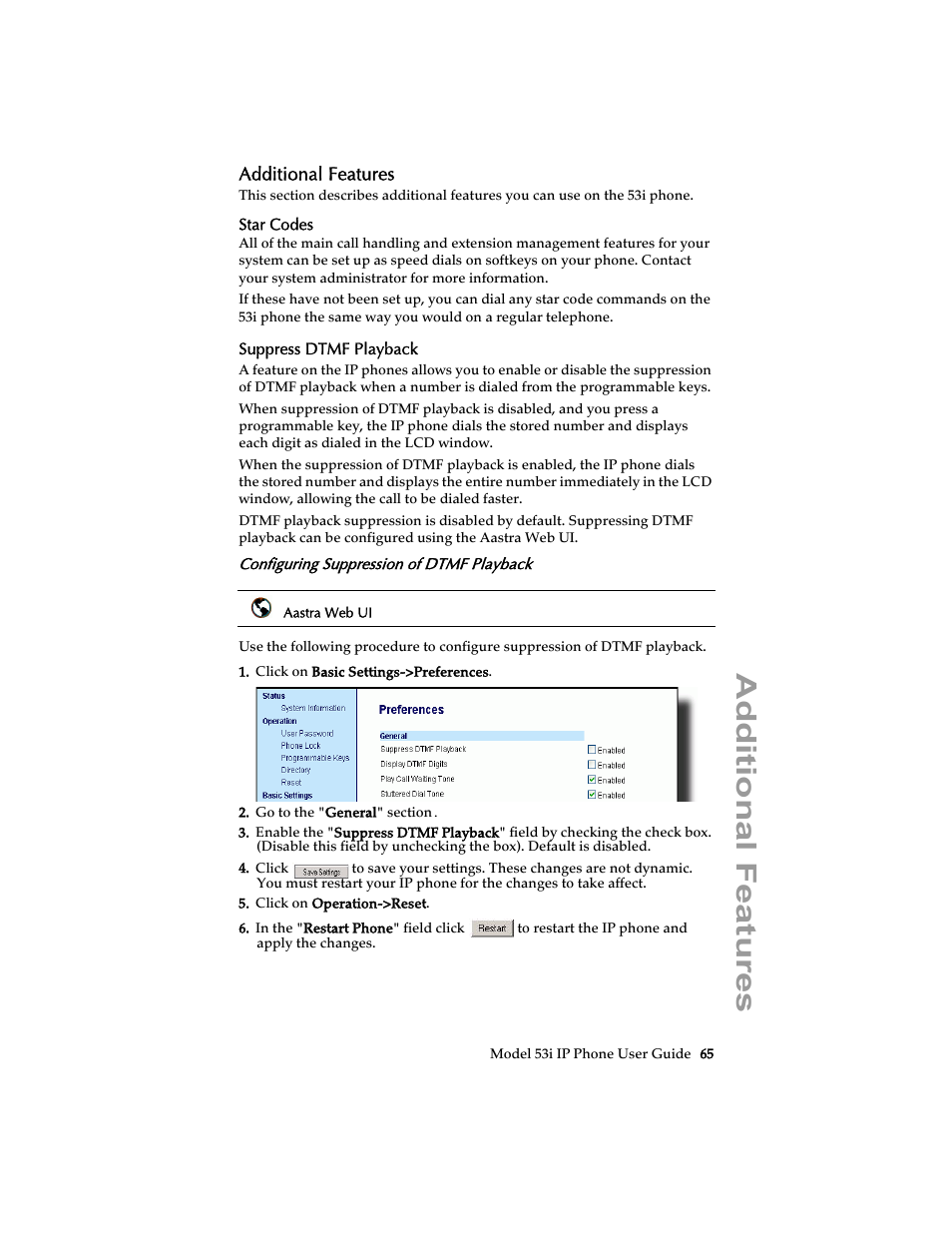 Additional features, Star codes, Suppress dtmf playback | Configuring suppression of dtmf playback | Aastra Telecom 53i IP Phone User Manual | Page 71 / 102