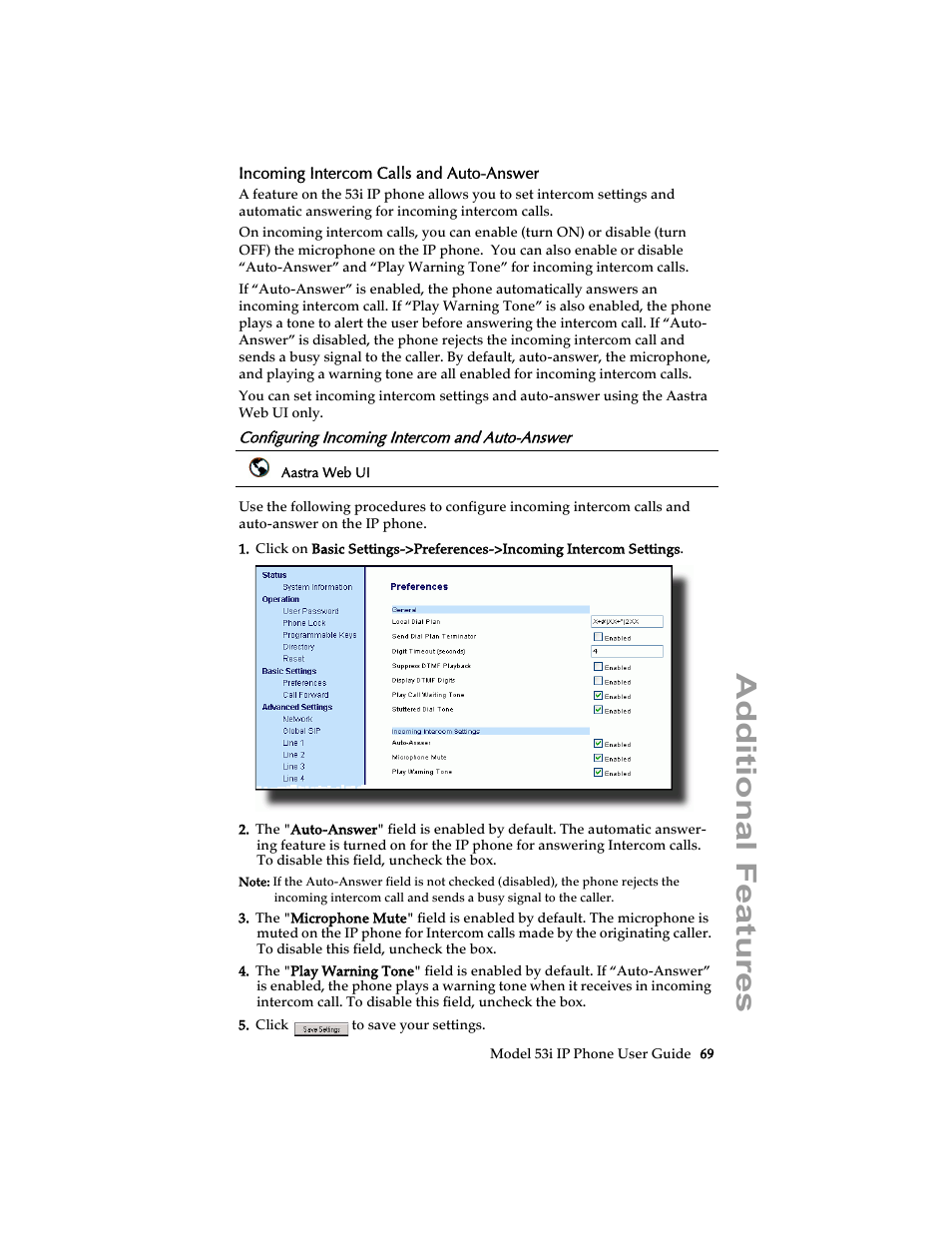 Incoming intercom calls and auto-answer, Configuring incoming intercom and auto-answer, Additional features | Aastra Telecom 53i IP Phone User Manual | Page 75 / 102