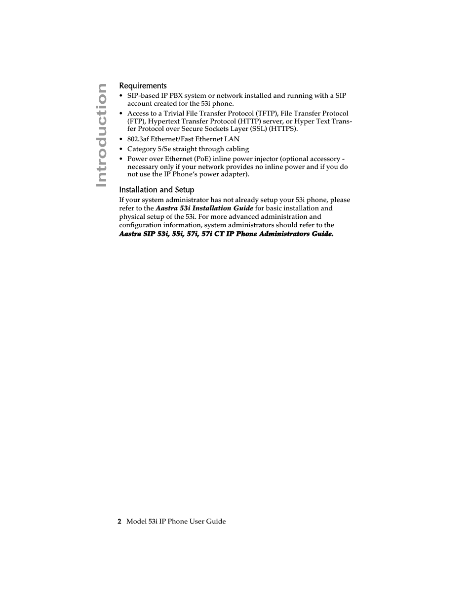 Requirements, Installation and setup, Introduction | Aastra Telecom 53i IP Phone User Manual | Page 8 / 102