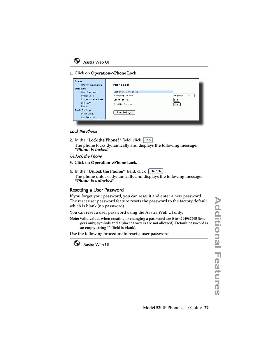 Resetting a user password, Additional features | Aastra Telecom 53i IP Phone User Manual | Page 85 / 102