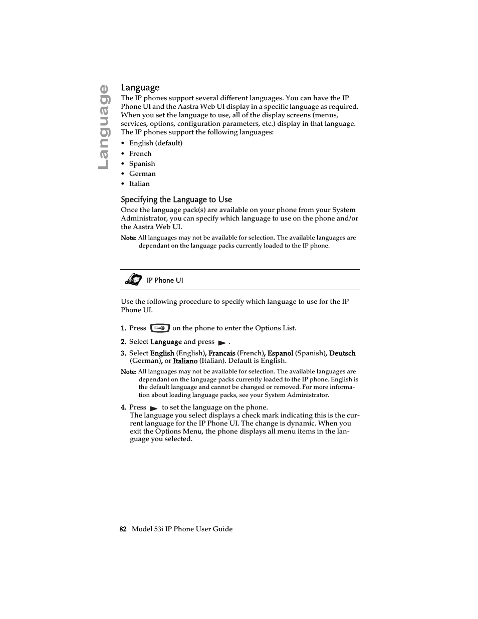 Language, Specifying the language to use | Aastra Telecom 53i IP Phone User Manual | Page 88 / 102