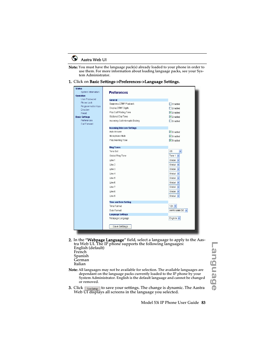 Language | Aastra Telecom 53i IP Phone User Manual | Page 89 / 102