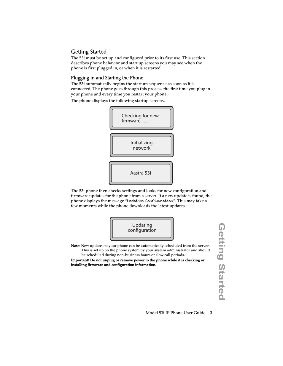 Getting started, Plugging in and starting the phone | Aastra Telecom 53i IP Phone User Manual | Page 9 / 102