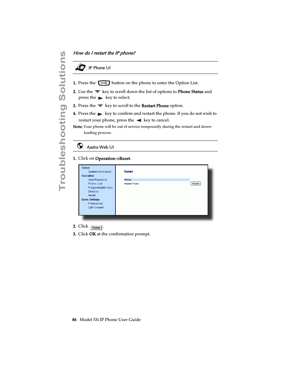 How do i restart the ip phone, Troubleshooting solutions | Aastra Telecom 53i IP Phone User Manual | Page 92 / 102