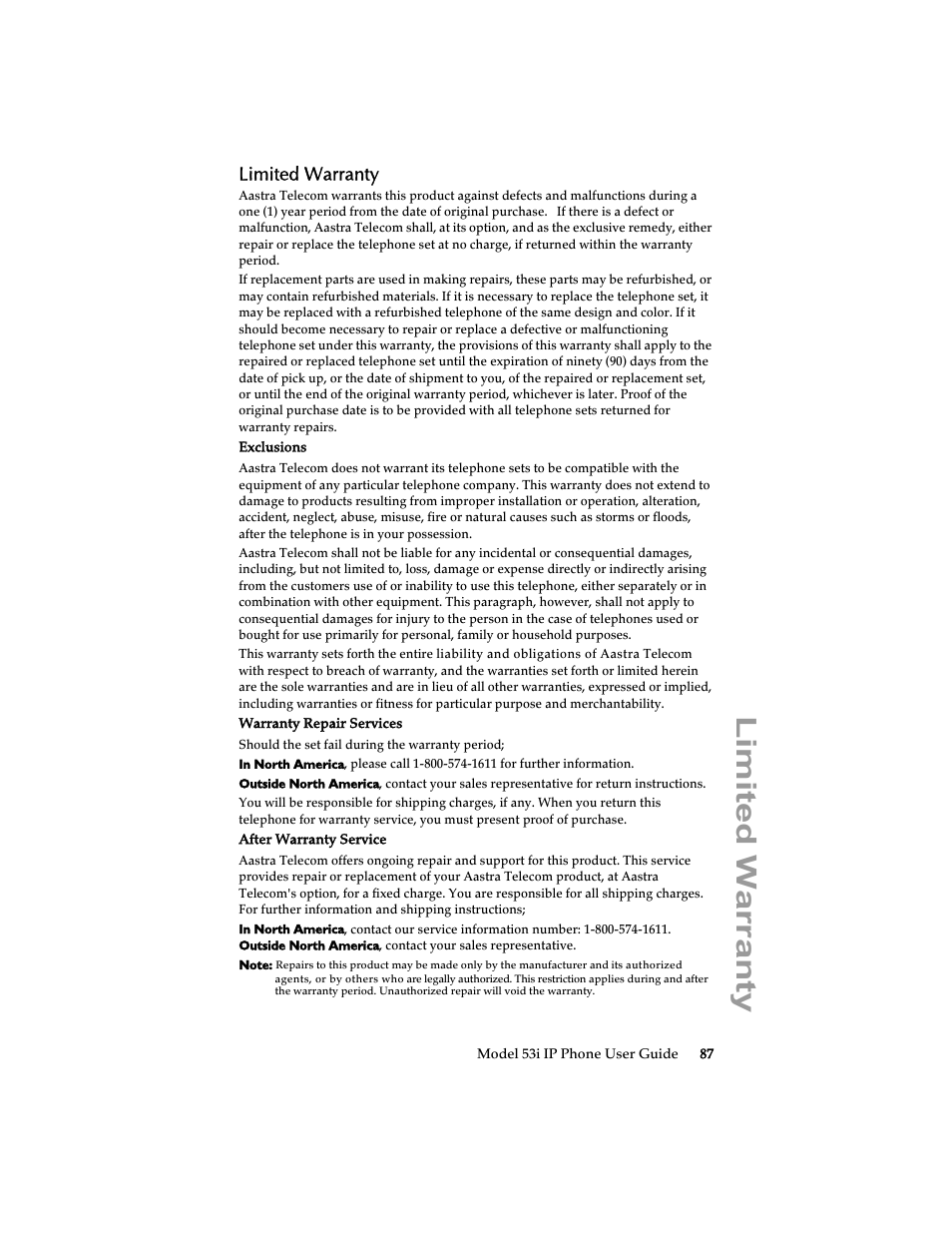 Limited warranty | Aastra Telecom 53i IP Phone User Manual | Page 93 / 102