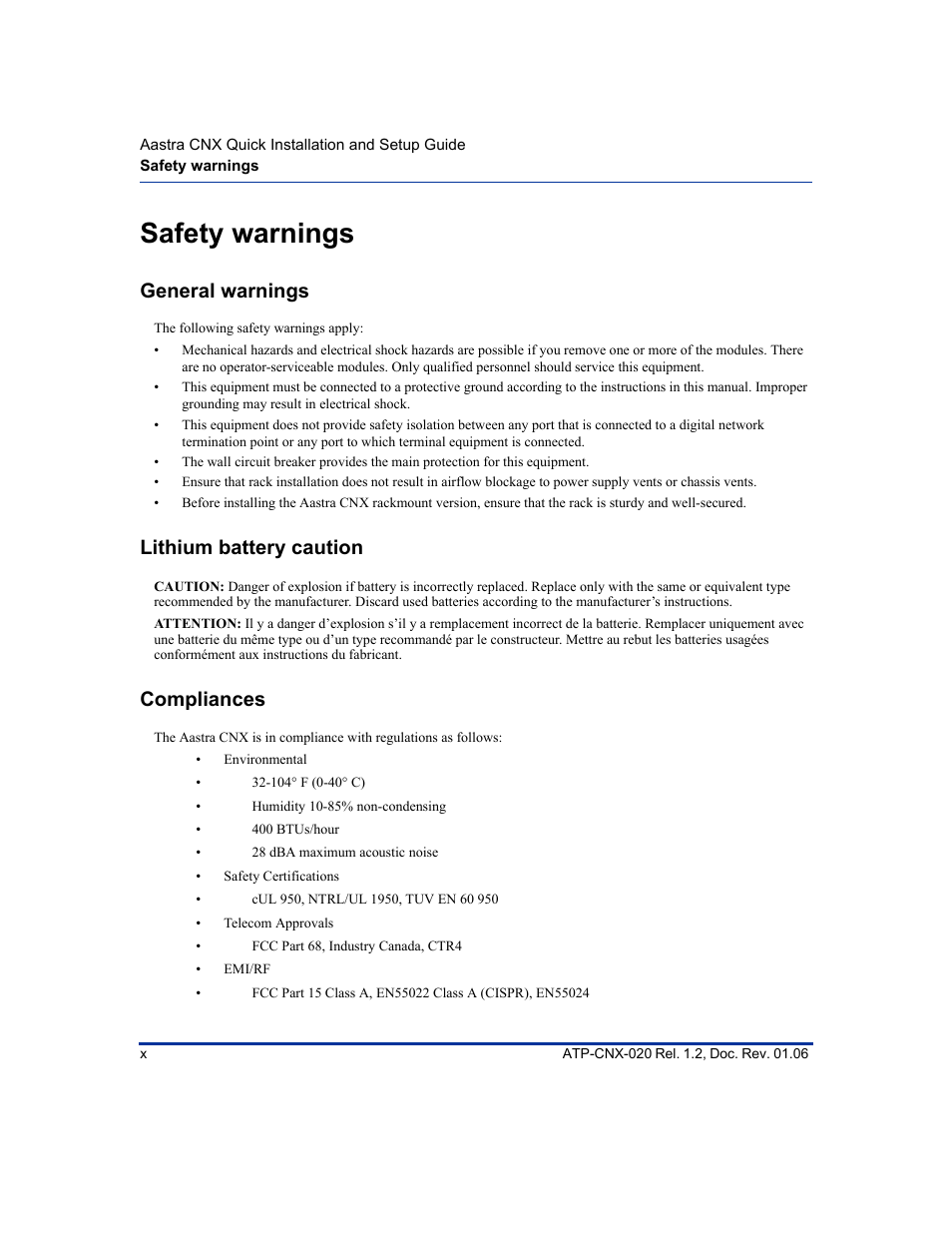 Safety warnings, General warnings, Lithium battery caution | Compliances | Aastra Telecom ATP-CNX-020 User Manual | Page 10 / 32